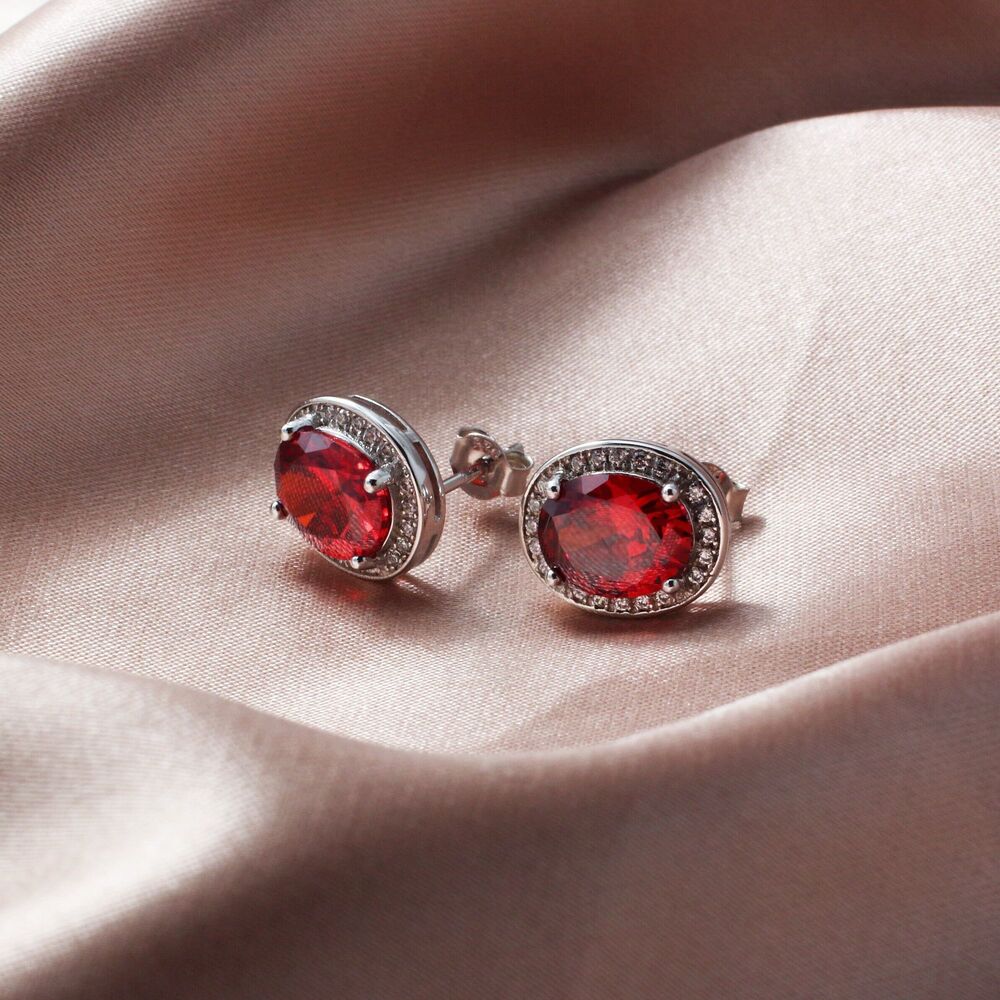 925 Sterling Silver Red CUBIC ZIRCONIA EARRINGS, Designed Silver Earrings